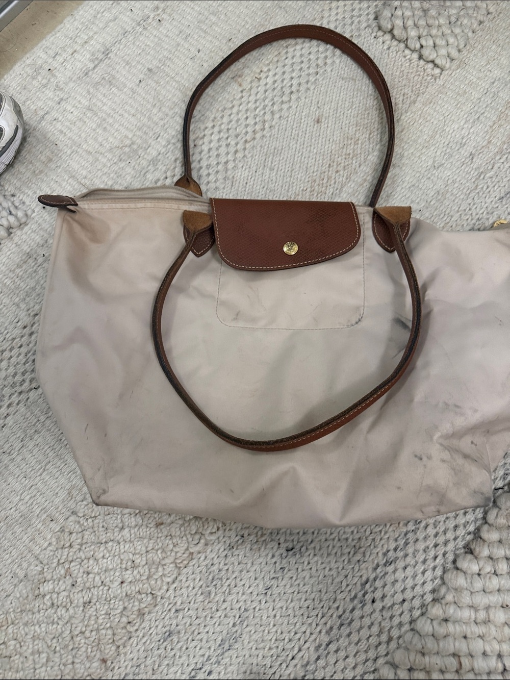 Longchamp Beige Tote with Brown Leather Trim